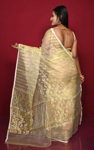 Soft Muslin Silk Jamdani Saree in Lemon Yellow and Off White with Golden and Copper Zari Nakshi Work