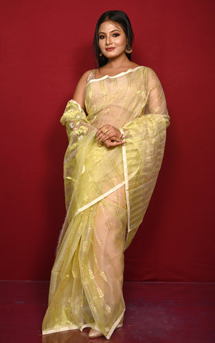 Soft Muslin Silk Jamdani Saree in Lemon Yellow and Off White with Golden and Copper Zari Nakshi Work