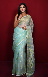 Soft Muslin Silk Jamdani Saree in Blue Seafoam and Off White with Golden, Silver and Copper Zari Nakshi Work