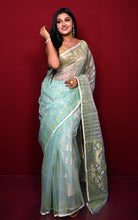 Soft Muslin Silk Jamdani Saree in Blue Seafoam and Off White with Golden, Silver and Copper Zari Nakshi Work