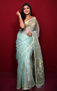 Soft Muslin Silk Jamdani Saree in Blue Seafoam and Off White with Golden, Silver and Copper Zari Nakshi Work