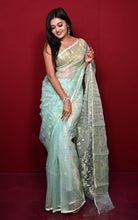 Soft Muslin Silk Jamdani Saree in Blue Seafoam and Off White with Golden, Silver and Copper Zari Nakshi Work