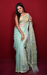 Soft Muslin Silk Jamdani Saree in Blue Seafoam and Off White with Golden, Silver and Copper Zari Nakshi Work