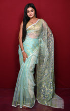 Soft Muslin Silk Jamdani Saree in Blue Seafoam and Off White with Golden, Silver and Copper Zari Nakshi Work