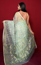 Soft Muslin Silk Jamdani Saree in Blue Seafoam and Off White with Golden, Silver and Copper Zari Nakshi Work