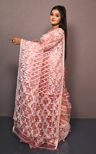 Soft Muslin Silk Jamdani Saree in Light Peach and Off White with Golden and Copper Zari Nakshi Work