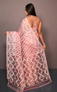 Soft Muslin Silk Jamdani Saree in Light Peach and Off White with Golden and Copper Zari Nakshi Work