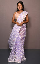 Soft Muslin Silk Jamdani Saree in Lavender and Off White with Golden and Copper Zari Nakshi Work