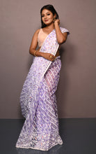 Soft Muslin Silk Jamdani Saree in Lavender and Off White with Golden and Copper Zari Nakshi Work