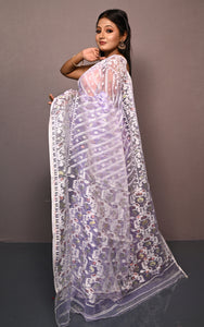 Soft Muslin Silk Jamdani Saree in Lavender and Off White with Golden and Copper Zari Nakshi Work