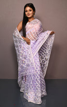 Soft Muslin Silk Jamdani Saree in Lavender and Off White with Golden and Copper Zari Nakshi Work