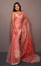 Soft Muslin Silk Jamdani Saree in Pastel Red, Bright Red and Off White with Golden and Copper Zari Nakshi Work