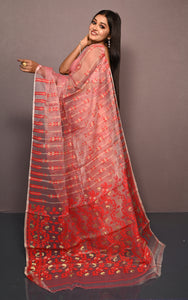 Soft Muslin Silk Jamdani Saree in Pastel Red, Bright Red and Off White with Golden and Copper Zari Nakshi Work