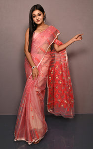 Soft Muslin Silk Jamdani Saree in Pastel Red, Bright Red and Off White with Golden and Copper Zari Nakshi Work