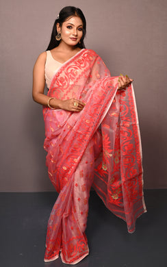 Soft Muslin Silk Jamdani Saree in Red and Off White with Golden and Copper Zari Nakshi Work