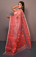 Soft Muslin Silk Jamdani Saree in Red and Off White with Golden and Copper Zari Nakshi Work