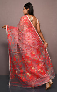 Soft Muslin Silk Jamdani Saree in Red and Off White with Golden and Copper Zari Nakshi Work