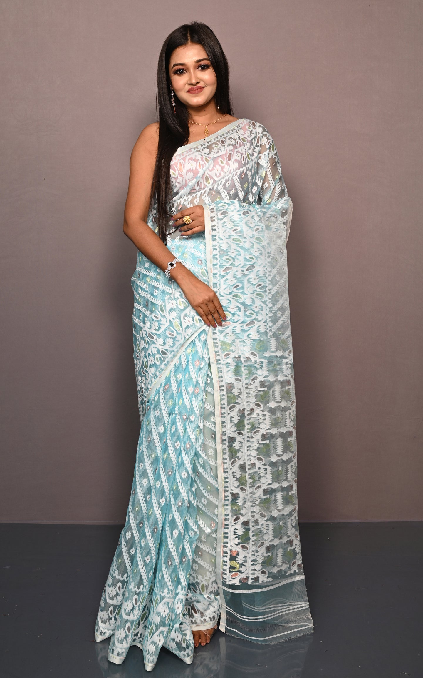 Soft Muslin Silk Jamdani Saree in Aqua Blue and Off White with Golden and Copper Zari Nakshi Work