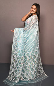 Soft Muslin Silk Jamdani Saree in Aqua Blue and Off White with Golden and Copper Zari Nakshi Work