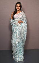 Soft Muslin Silk Jamdani Saree in Aqua Blue and Off White with Golden and Copper Zari Nakshi Work