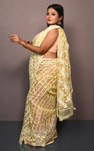 Soft Muslin Silk Jamdani Saree in Lemon Yellow and Off White with Golden and Copper Zari Nakshi Work