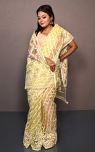 Soft Muslin Silk Jamdani Saree in Lemon Yellow and Off White with Golden and Copper Zari Nakshi Work