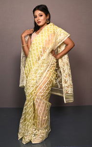 Soft Muslin Silk Jamdani Saree in Lemon Yellow and Off White with Golden and Copper Zari Nakshi Work