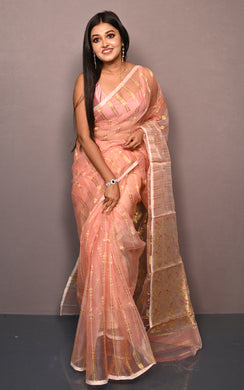 Soft Muslin Silk Jamdani Saree in Peach and Off White with Golden and Copper Zari Nakshi Work