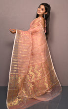 Soft Muslin Silk Jamdani Saree in Peach and Off White with Golden and Copper Zari Nakshi Work