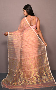 Soft Muslin Silk Jamdani Saree in Peach and Off White with Golden and Copper Zari Nakshi Work