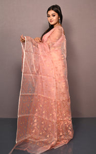 Soft Muslin Silk Jamdani Saree in Light Peach and Off White with Golden and Copper Zari Nakshi Work