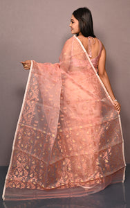 Soft Muslin Silk Jamdani Saree in Light Peach and Off White with Golden and Copper Zari Nakshi Work