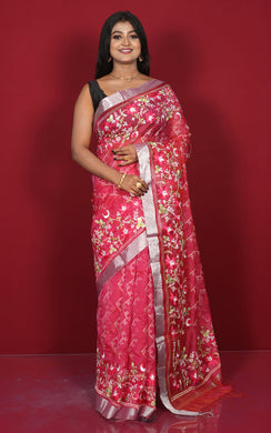 Embroidery Work on Semi Resham Silk Saree in Cerise Pink, SIlver and Multicolored Thread Work