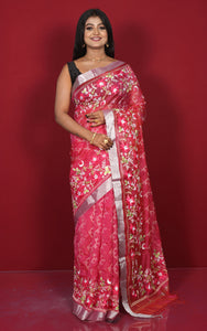 Embroidery Work on Semi Resham Silk Saree in Cerise Pink, SIlver and Multicolored Thread Work