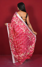 Embroidery Work on Semi Resham Silk Saree in Cerise Pink, SIlver and Multicolored Thread Work