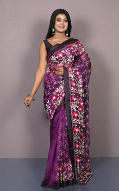 Embroidery Work on Semi Resham Silk Saree in Purple and Multicolored Thread Work