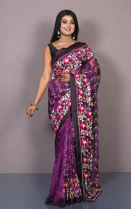 Embroidery Work on Semi Resham Silk Saree in Purple and Multicolored Thread Work