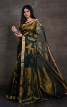 Jangla Jaal Work Muslin Silk Jamdani Saree in Pthalo Green and Antique Gold
