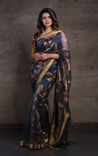 Jangla Jaal Work Muslin Silk Jamdani Saree in Slate Grey and Antique Gold