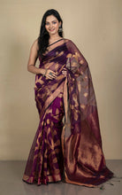 Jangla Jaal Work Muslin Silk Jamdani Saree in Blackberry and Antique Gold