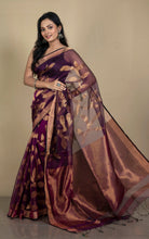 Jangla Jaal Work Muslin Silk Jamdani Saree in Blackberry and Antique Gold