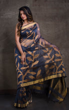 Jangla Jaal Work Muslin Silk Jamdani Saree in Slate Grey and Antique Gold