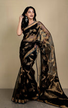 Jangla Jaal Work Muslin Silk Jamdani Saree in Black and Antique Gold
