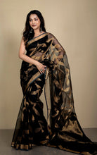 Jangla Jaal Work Muslin Silk Jamdani Saree in Black and Antique Gold
