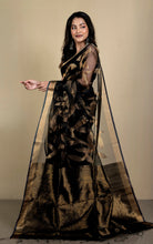Jangla Jaal Work Muslin Silk Jamdani Saree in Black and Antique Gold