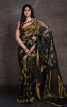 Jangla Jaal Work Muslin Silk Jamdani Saree in Pthalo Green and Antique Gold