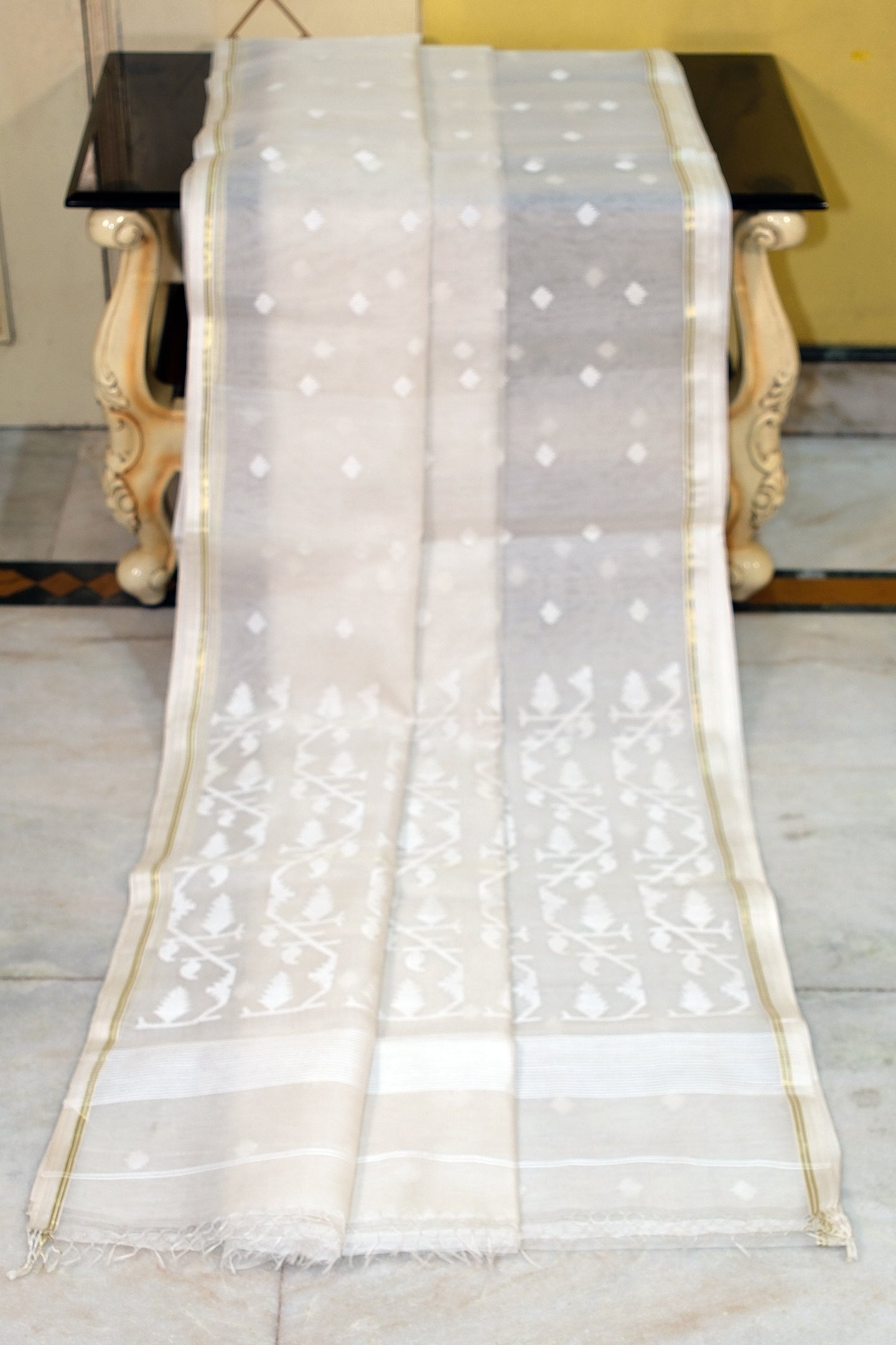 Handwoven Satin Silk Slim Border Sholapuri Soft Muslin Silk Jamdani Saree in Off White, White and Golden