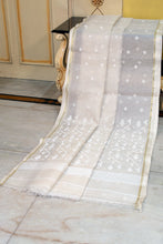 Handwoven Satin Silk Slim Border Sholapuri Soft Muslin Silk Jamdani Saree in Off White, White and Golden