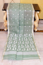 Handwoven Satin Silk Slim Border Sholapuri Soft Muslin Silk Jamdani Saree in Laurel Green, Off White and Golden