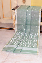 Handwoven Satin Silk Slim Border Sholapuri Soft Muslin Silk Jamdani Saree in Laurel Green, Off White and Golden